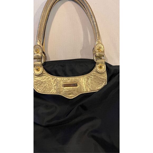 REBECCA MINKOFF NYLON BLACK LEATHER TRAVEL TOTE GOLD TRIM BOHO BAG - Picture 3 of 10